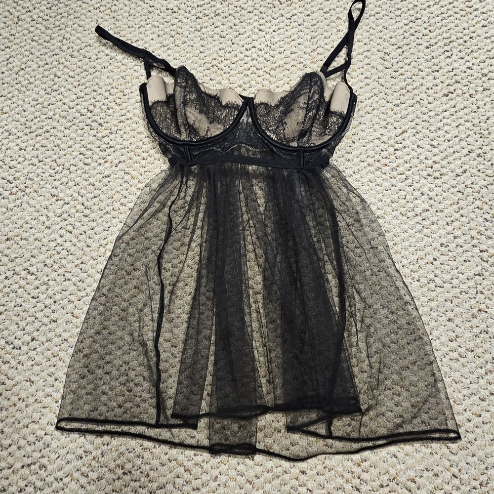 Victoria's Secret Babydoll Slip Dress 36D Small Black Sheer Mesh Underwire